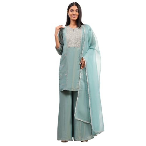 Rangriti Women Dust Blue Tissue Solid Straight Suit Set_36