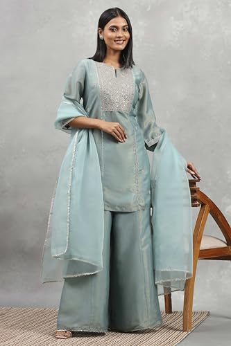Rangriti Women Dust Blue Tissue Solid Straight Suit Set_36