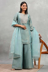 Rangriti Women Dust Blue Tissue Solid Straight Suit Set_36