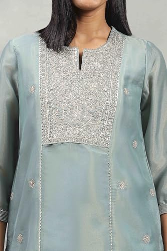 Rangriti Women Dust Blue Tissue Solid Straight Suit Set_36