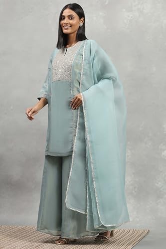 Rangriti Women Dust Blue Tissue Solid Straight Suit Set_36