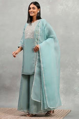 Rangriti Women Dust Blue Tissue Solid Straight Suit Set_36