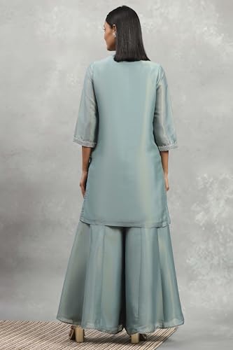 Rangriti Women Dust Blue Tissue Solid Straight Suit Set_36