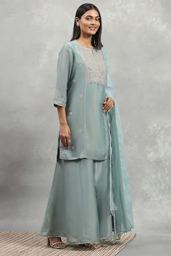 Rangriti Women Dust Blue Tissue Solid Straight Suit Set_36