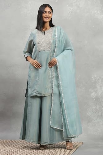 Rangriti Women Dust Blue Tissue Solid Straight Suit Set_36