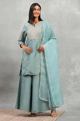 Rangriti Women Dust Blue Tissue Solid Straight Suit Set_36