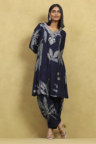 Rangriti Women's Viscose Blend Kurta Set (INDGLM20817AW25IND_Indigo Blue