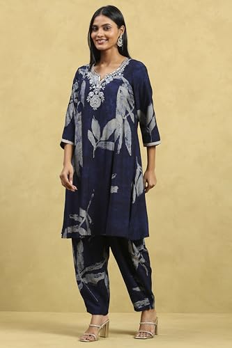 Rangriti Women's Viscose Blend Kurta Set (INDGLM20817AW25IND_Indigo Blue