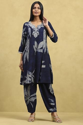 Rangriti Women's Viscose Blend Kurta Set (INDGLM20817AW25IND_Indigo Blue