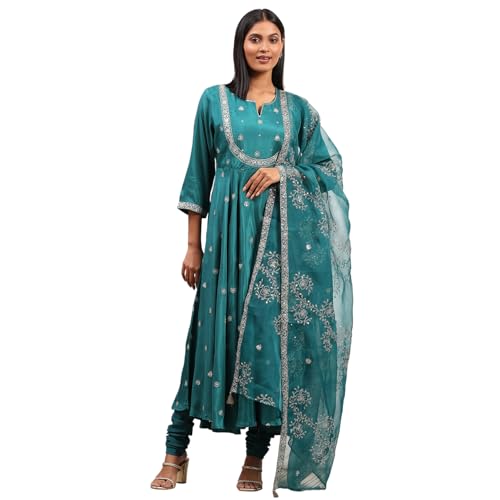 Rangriti Women's Viscose Kurta Set (HEVFS25033AW25TEL_Teal Green