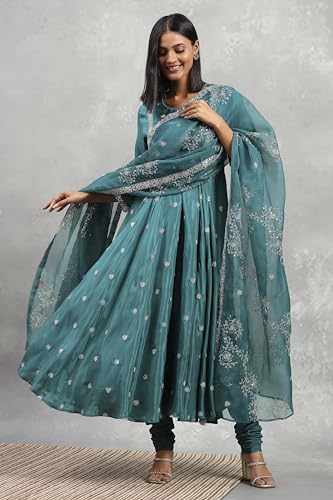 Rangriti Women's Viscose Kurta Set (HEVFS25033AW25TEL_Teal Green