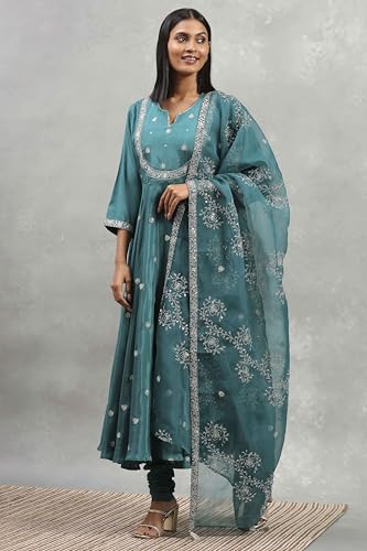 Rangriti Women's Viscose Kurta Set (HEVFS25033AW25TEL_Teal Green