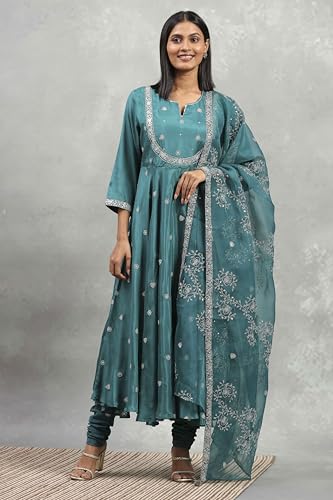 Rangriti Women's Viscose Kurta Set (HEVFS25033AW25TEL_Teal Green