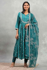 Rangriti Women's Viscose Kurta Set (HEVFS25033AW25TEL_Teal Green