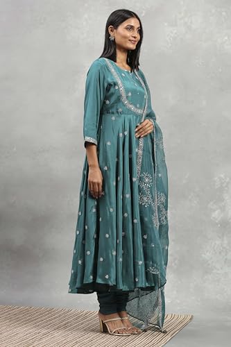 Rangriti Women's Viscose Kurta Set (HEVFS25033AW25TEL_Teal Green