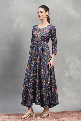 Rangriti Women's Viscose Flared Maxi Dress (FSDR22432AW25BLU_Blue