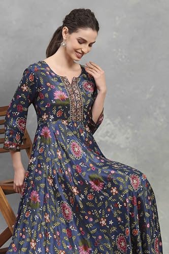 Rangriti Women's Viscose Flared Maxi Dress (FSDR22432AW25BLU_Blue