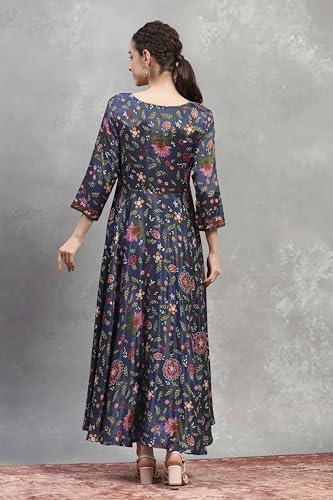 Rangriti Women's Viscose Flared Maxi Dress (FSDR22432AW25BLU_Blue