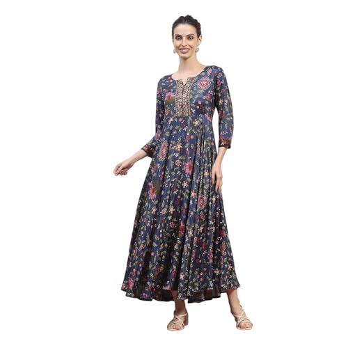 Rangriti Women's Viscose Flared Maxi Dress (FSDR22432AW25BLU_Blue