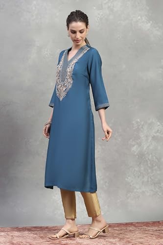 Rangriti Women Teal Viscose Blend Solid Straight Kurta_42
