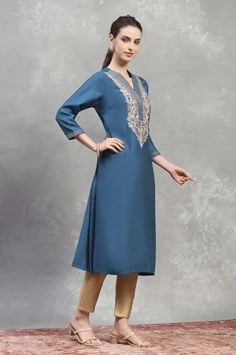 Rangriti Women Teal Viscose Blend Solid Straight Kurta_42