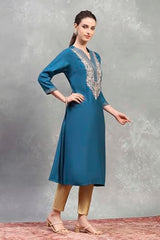 Rangriti Women Teal Viscose Blend Solid Straight Kurta_42