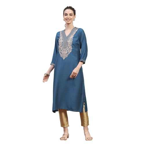 Rangriti Women Teal Viscose Blend Solid Straight Kurta_42