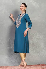 Rangriti Women Teal Viscose Blend Solid Straight Kurta_42