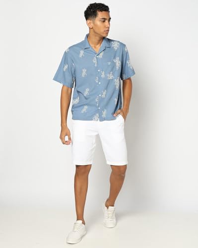 GAP Floral Print Relaxed Fit Linen Blend Shirt, Medium Blue, L