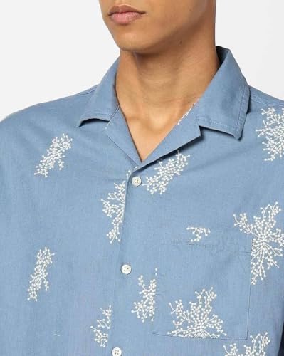GAP Floral Print Relaxed Fit Linen Blend Shirt, Medium Blue, L