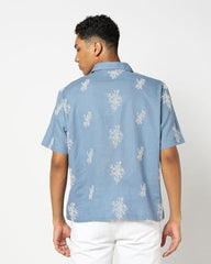 GAP Floral Print Relaxed Fit Linen Blend Shirt, Medium Blue, L