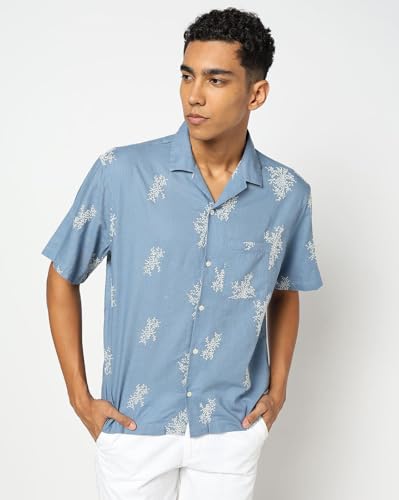 GAP Floral Print Relaxed Fit Linen Blend Shirt, Medium Blue, L