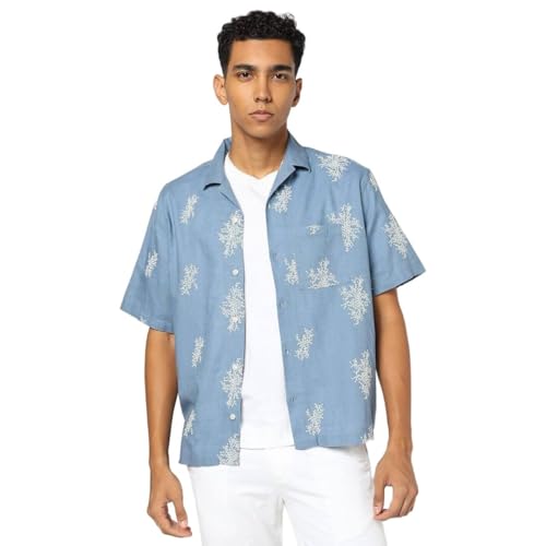 GAP Floral Print Relaxed Fit Linen Blend Shirt, Medium Blue, L