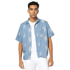 GAP Floral Print Relaxed Fit Linen Blend Shirt, Medium Blue, L