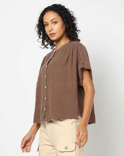 GAP Women Solid Relaxed fit Collared Neck top with Short Sleeves,Brown,L