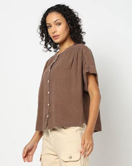 GAP Women Solid Relaxed fit Collared Neck top with Short Sleeves,Brown,L