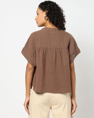 GAP Women Solid Relaxed fit Collared Neck top with Short Sleeves,Brown,L