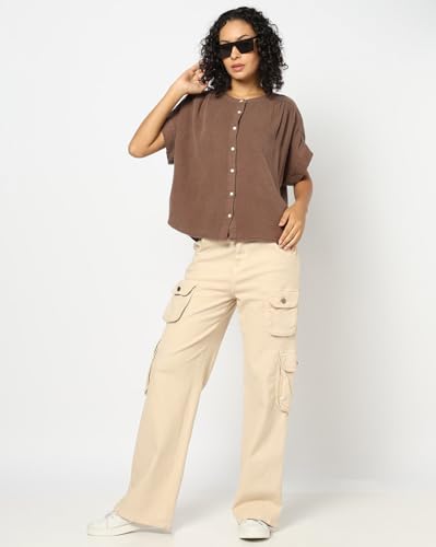 GAP Women Solid Relaxed fit Collared Neck top with Short Sleeves,Brown,L