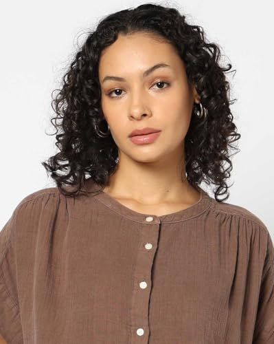 GAP Women Solid Relaxed fit Collared Neck top with Short Sleeves,Brown,L
