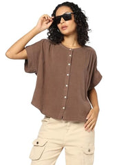 GAP Women Solid Relaxed fit Collared Neck top with Short Sleeves,Brown,L