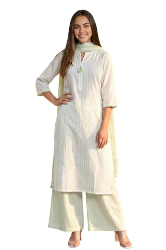 Aurelia Women's White Striped Tassels Pure Cotton Straight Kurta with Palazzo and Dupatta Set - (AS16354-705932-S)
