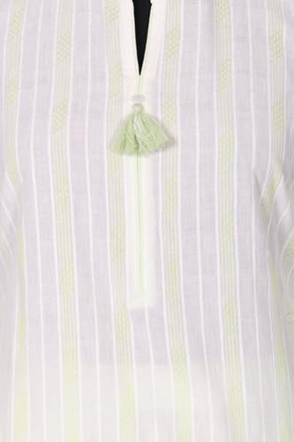 Aurelia Women's White Striped Tassels Pure Cotton Straight Kurta with Palazzo and Dupatta Set - (AS16354-705932-S)