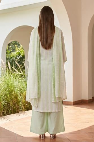 Aurelia Women's White Striped Tassels Pure Cotton Straight Kurta with Palazzo and Dupatta Set - (AS16354-705932-S)