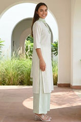 Aurelia Women's White Striped Tassels Pure Cotton Straight Kurta with Palazzo and Dupatta Set - (AS16354-705932-S)