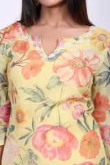W for Woman Yellow Floral Printed Sequins Straight Kurta - (W13069-126329-S)