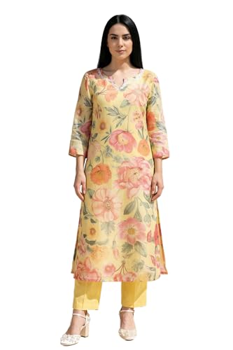 W for Woman Yellow Floral Printed Sequins Straight Kurta - (W13069-126329-S)
