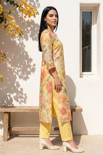 W for Woman Yellow Floral Printed Sequins Straight Kurta - (W13069-126329-S)