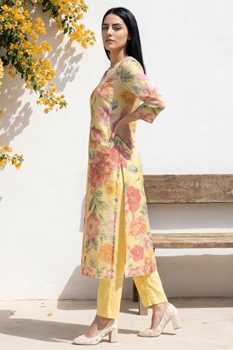 W for Woman Yellow Floral Printed Sequins Straight Kurta - (W13069-126329-S)