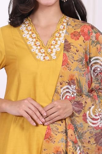 W for Woman Yellow Embroidered A-line Kurta, Pants and Dupatta Set - (WS13248-224259-M)