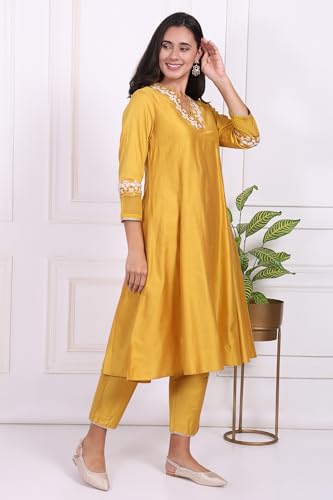 W for Woman Yellow Embroidered A-line Kurta, Pants and Dupatta Set - (WS13248-224259-M)